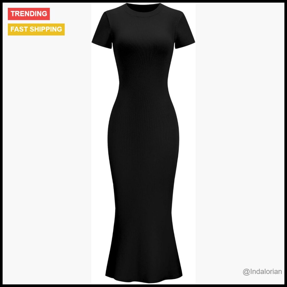 Fitted Fishtail Hem Ribbed Maxi Dress Cotton Spandex Lounge Casual